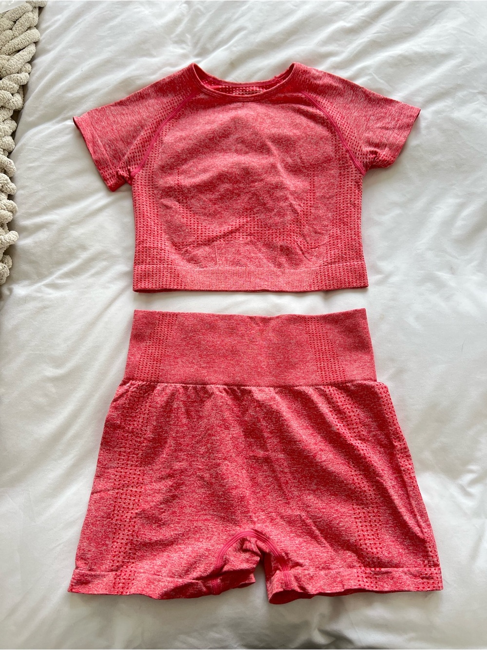 Seamless Crop Top & High-Waist Shorts Workout Set - Coral Pink